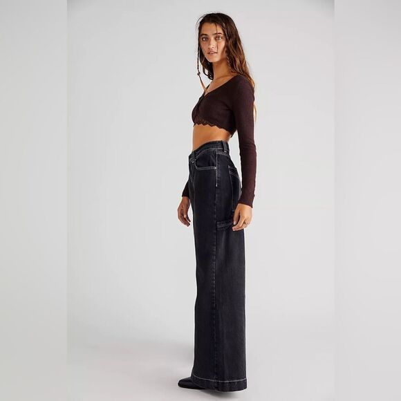 Free People The Ragged Priest Sweeper Jeans Wide Leg Black Sz 24 - Picture 6 of 6